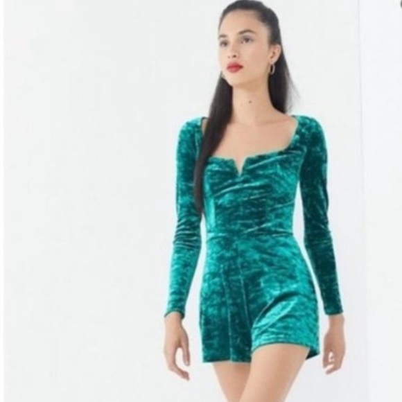 Urban Outfitters Pants - Urban Outfitters Sasha Emerald Green Crushed Velvet Romper XS